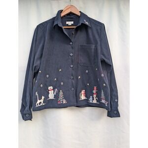 Christopher Banks Christmas Shirt Womens L Navy Embroidered Cat Snowman Y2K